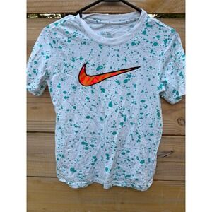Nike Boys Large White Teal Paint Splatter T-Shirt Orange Striped Swoosh Logo Tee
